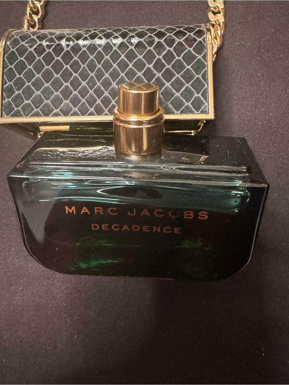 Marc Jacobs Decadence Fragrance
Green Glass Bottle Pendant with Gold Accents
